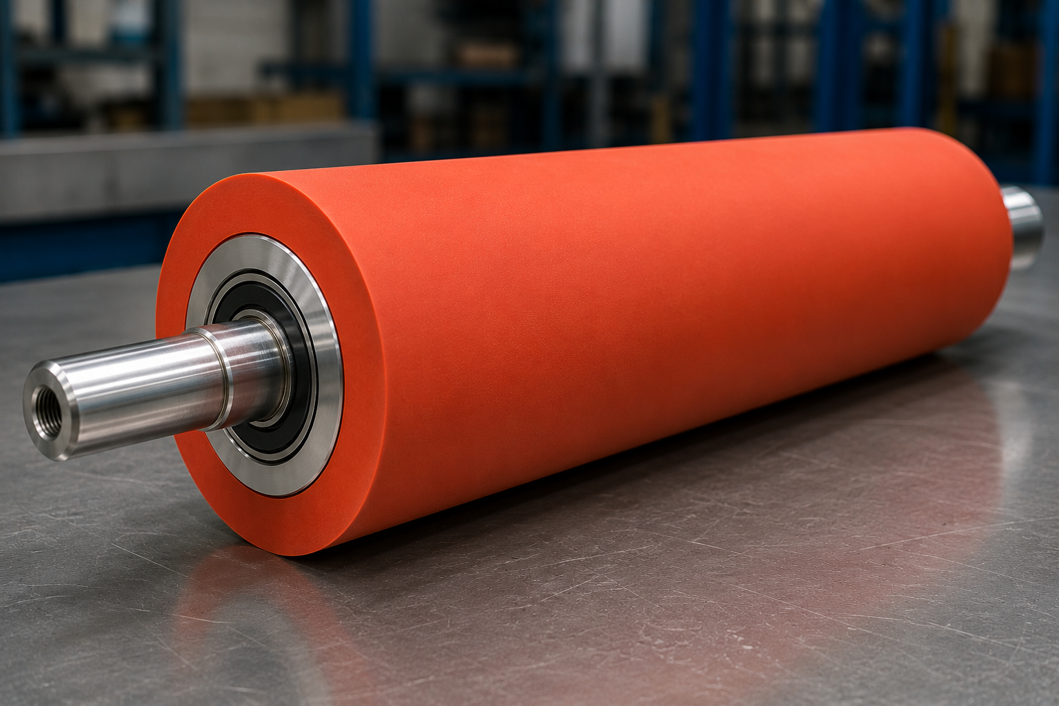 Precision silicone rubber roller with stainless steel journals manufactured by Laserlife for industrial printing and converting applications